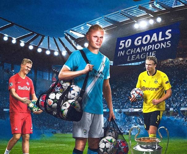 国家队50球所用场次：哈兰德46场最少，梅西107场，C罗114场